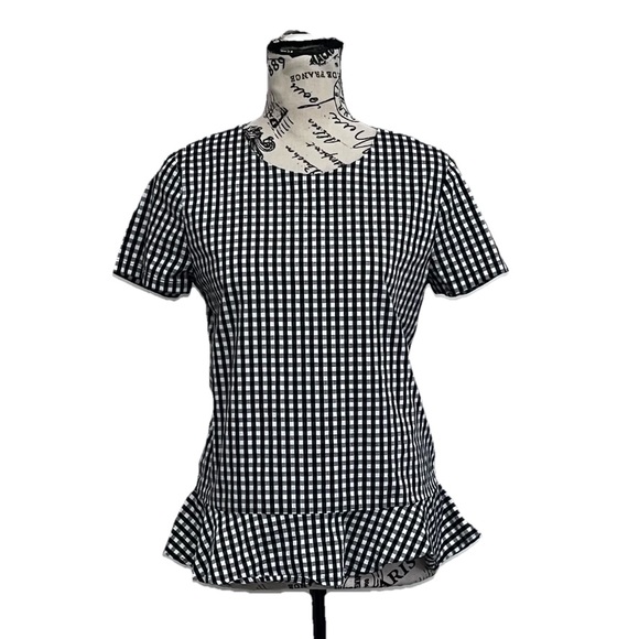 Chevignon Black White Gingham Blouse S Peplum Short Sleeve Cottagecore Preppy - Picture 2 of 10